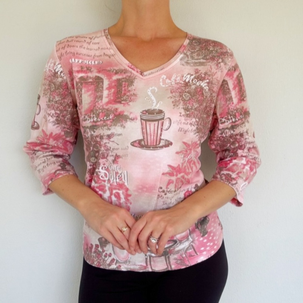 Allison Daley Petite pink cafe print 3/4 sleeve cotton tee size medium